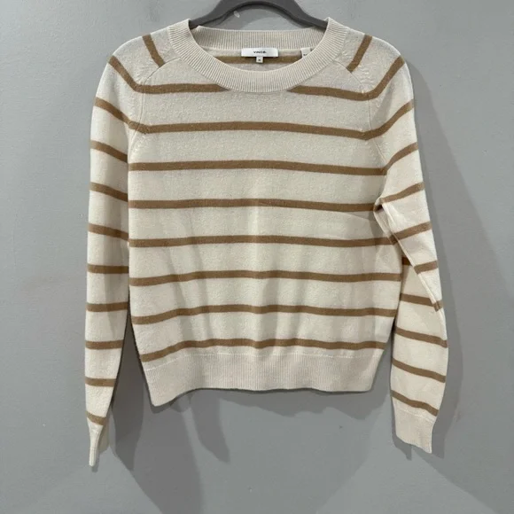 Vince Sweater Striped Wool Cashmere Blend in Cream Crew & Scoop Necks